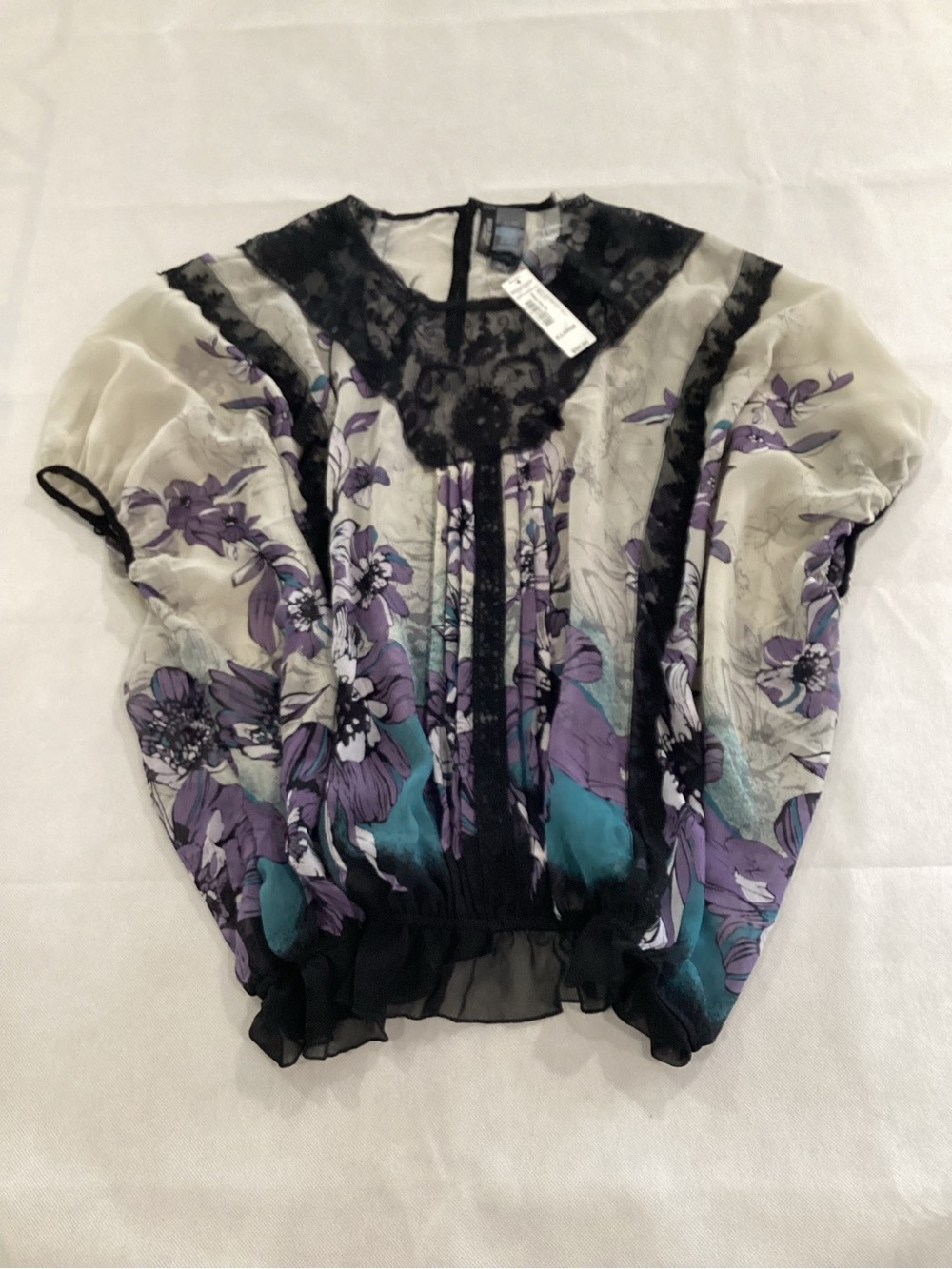 Bisou Bisou Floral Chiffon Blouse with Black Lace - Purple, Teal, size XL  9/20